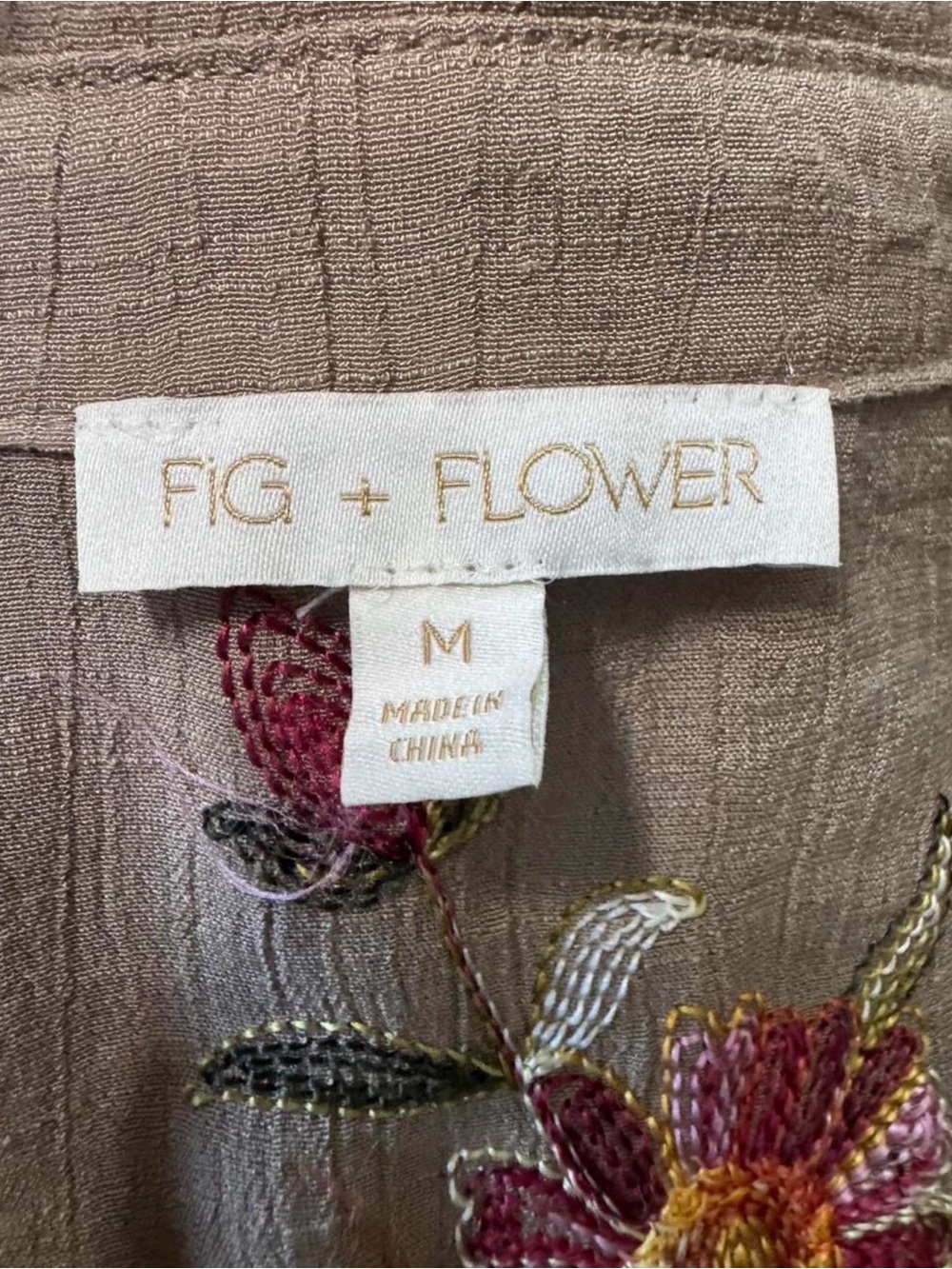 Fig & Flower Embroidered Tiered Boho Midi Dress Taupe Floral Cottagecore M - Picture 6 of 8